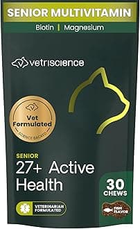VetriScience Senior 27+ Active Health Chews, Nu Cat Daily Multivitamin for Senior Cats, Balanced Vitamins, Minerals and Antioxidants, Healthy Aging and Wellness Support, Fish, 30 Count