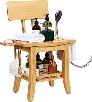 Ollieroo Two-Tier Bamboo Shower Chair for Inside Shower, Waterproof Baby Bath Seat with Storage Shelf, Soap Dish and Shower Head Holder, Shower Stool for Seniors Adults Disabled Pregnant(Natual)