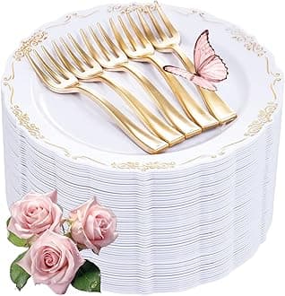 LIYH 200 Pcs Gold Dessert Plates,100 Pcs Appetizer Plates 7.5" and 100 Pcs Gold Plastic Forks 5", Cake Plates, Disposable Salad Plate Wedding Cake Plate Forks for Parties, Birthdays, Wedding