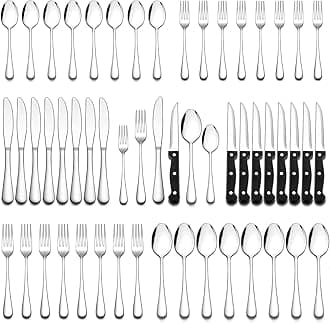 Wildone 24-Piece Flatware Set with Steak Knives, Stainless Steel Silverware Cutlery Set Service for 4, Tableware Eating Utensils Include Knives/Forks/Spoons, Mirror Polished, Dishwasher Safe