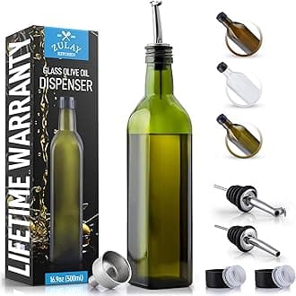 Zulay Kitchen (17oz) Olive Oil Dispenser Bottle For - Glass Olive Oil Bottle With 2 Spouts, 2 Removable Corks, 2 Caps, & 1 Funnel - Oil Bottle For & Storing Liquids (Green Bottle)