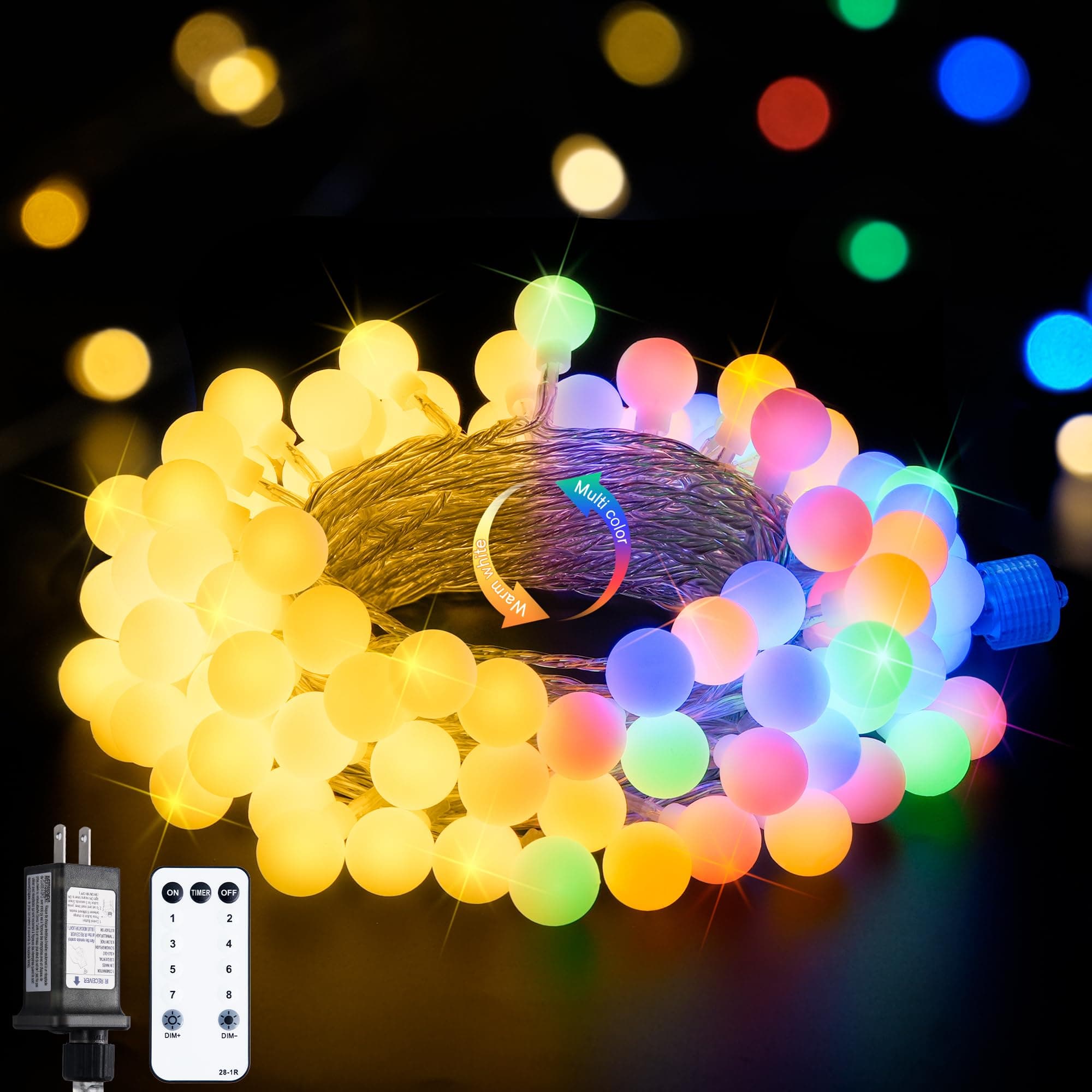 JMEXSUSS Globe String Lights Indoor, Color Changing Christmas Lights Plug in, Warm White & Multicolor String Light with Remote for Bedroom Room Tree Party Christmas Decor