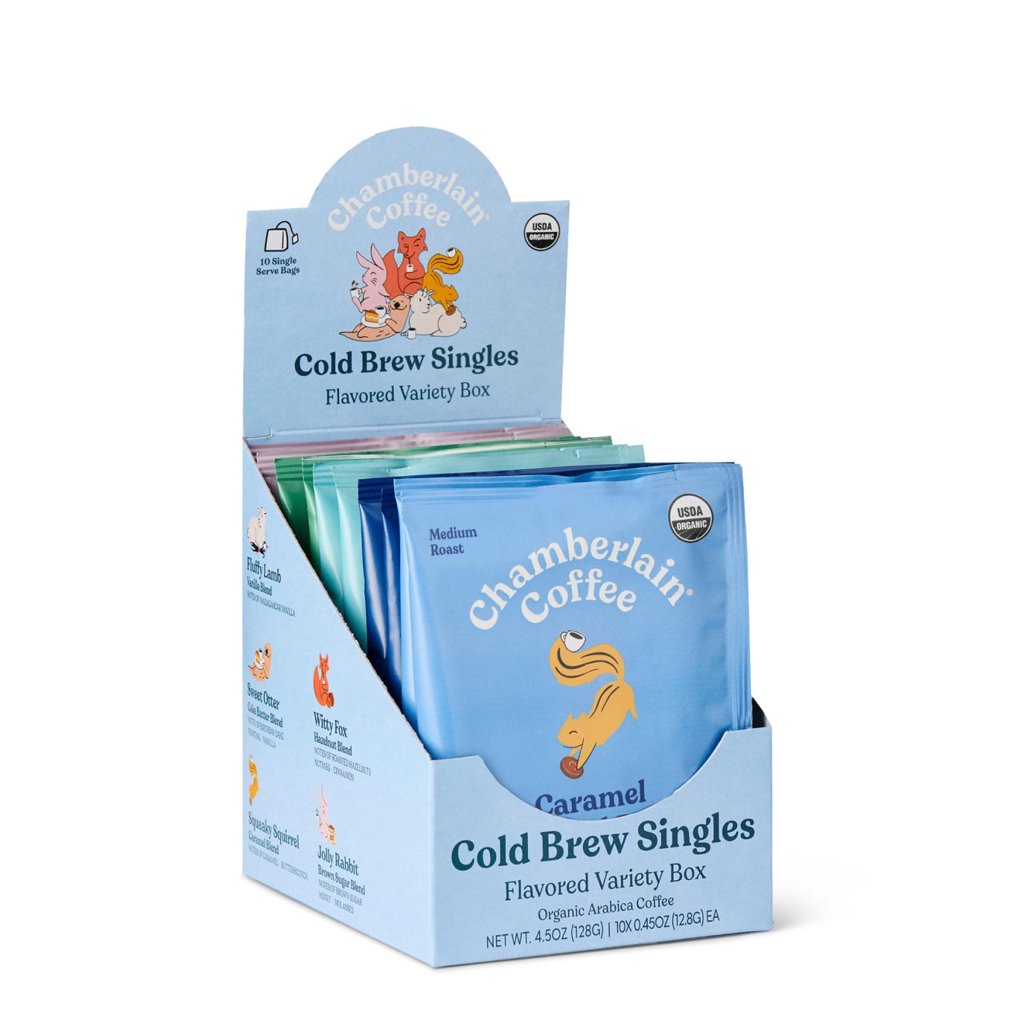 Chamberlain Coffee Cold Brew Singles Assortment Pack - Cold Brew Coffee Grounds - Hot or Ice Brew - Organic Coffee Single Serving Bags - 10 Cold Brew Bags