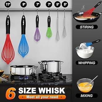Walfos Whisk Set, Mini Whisk and Silicone Whisk, Won't Scratch Coated 5+7+9+11in Whisks for Nonstick Cookware, 304 Stainless Steel Whisk 5+7in, Suitable for Stirring, Mixing, Whisking. (6pcs)