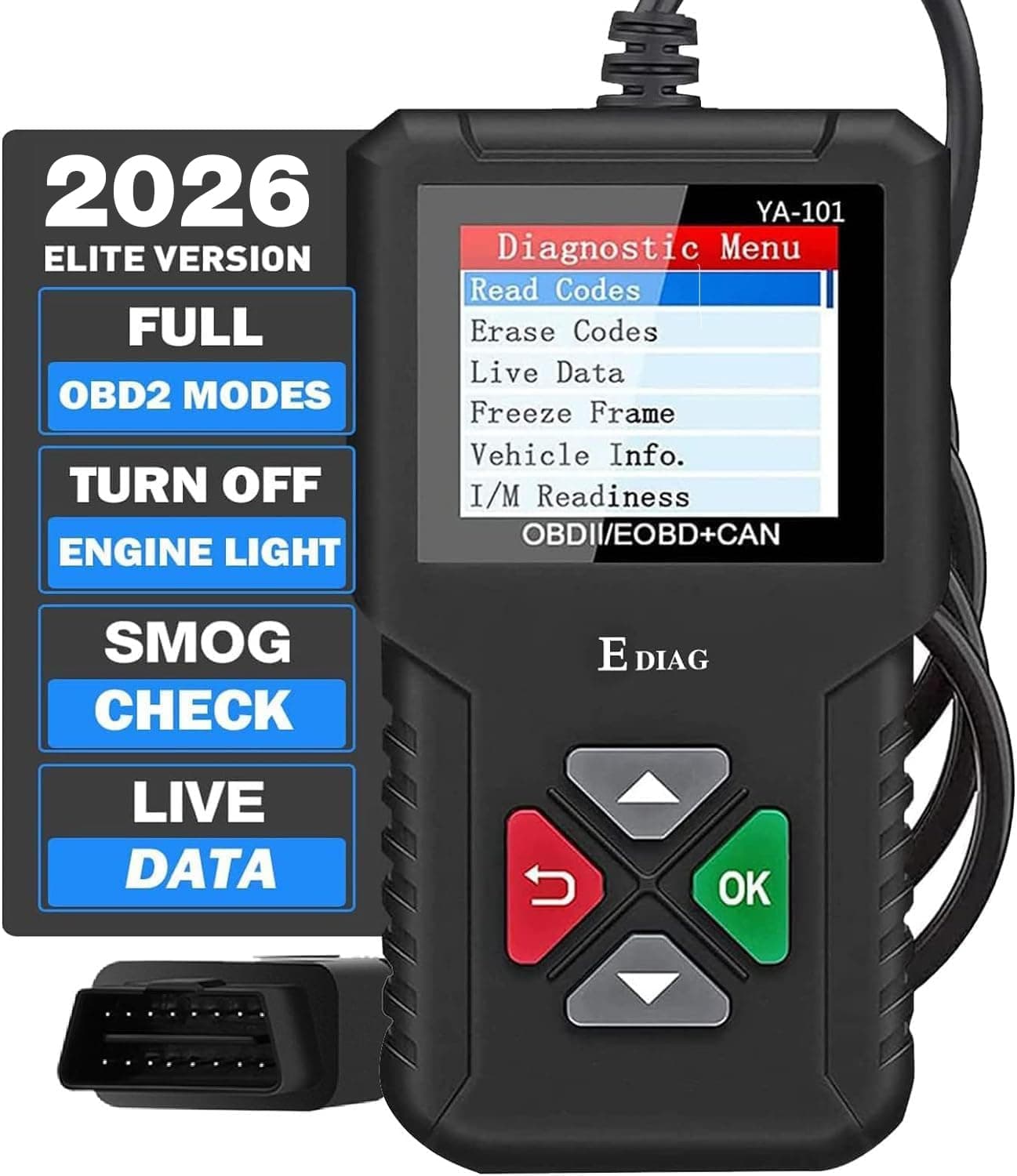 2026 Ver. EDIAG OBD2 Scanner YA-101 Auto Code Reader for Check Engine Light,O2 Sensor,EVAP Test,On-Board Monitor Test,Smog Check,OBD2 Diagnostic Scan Tool for All OBD2 Cars Since 1996-Upgrade Version