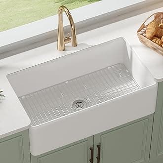 DeerValley DV-1K512 Grove 33"L x 18"W Farmhouse Sink Fireclay White Kitchen Sink Apron Front Deep Single Bowl Farm Sink with Stainless Steel Bottom Grid and Kitchen Sink Drain