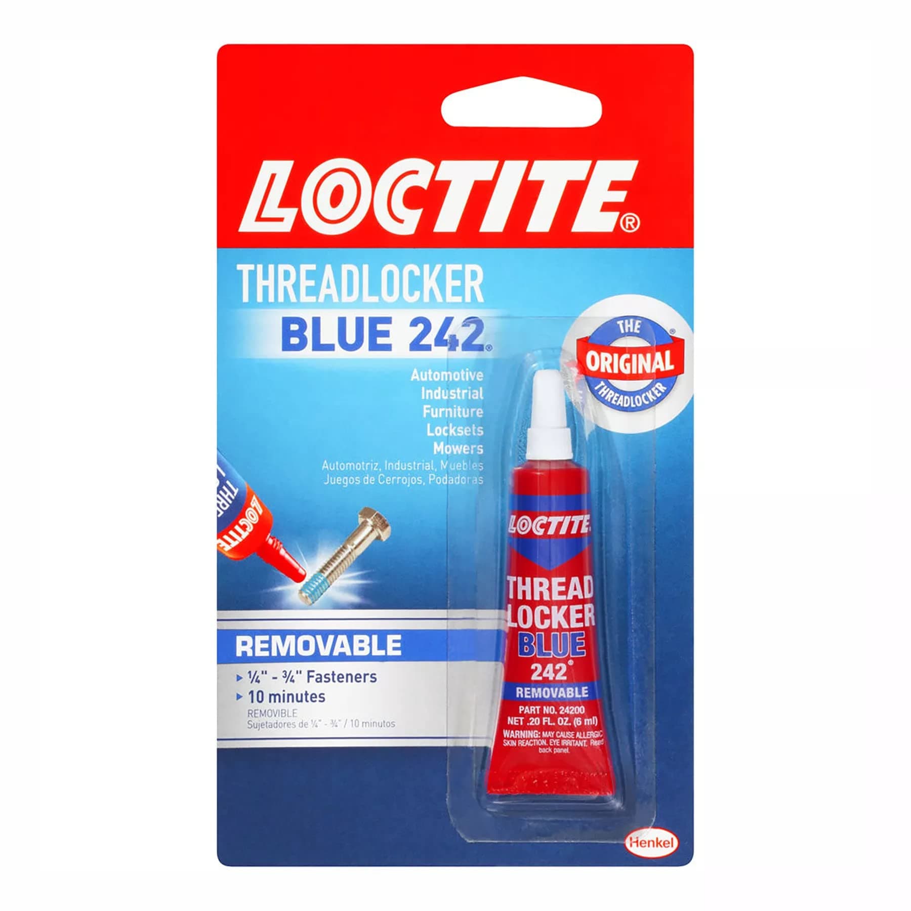Threadlocker Blue 242 locks and seals threaded fasteners and prevent loosening from vibration, ideal for 6-19mm fasteners, great for small motors, mowers, equipment, nuts, bolts, screws, 6 ml