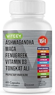Ashwagandha Maca Fenugreek Supplement with Tongkat Ali – Drive, Passion & Energy Support for Men & Women – Mood, Calm & Stress Support - 60 Capsules