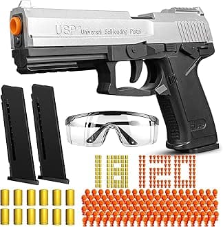 Moonmen Soft Bullet Toys Gun Pistol, Automatic Continuously Empty Shell Ejecting Toy Gun, 40 Soft Foam Bullets, 2 Magazines, Pistol Education Model Toys (USP Silver)