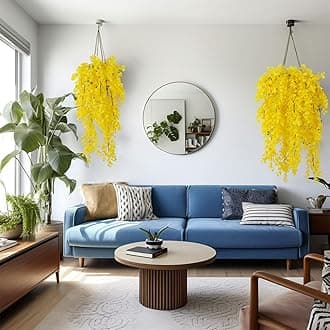 RECUTMS 4 Pack Artificial Hanging Plants Fake Eucalyptus Leaf Greenery Vine Plant UV Resistant Plastic Wall Decor for Ivy Patio Office Shelf Wedding (Pure Yellow)
