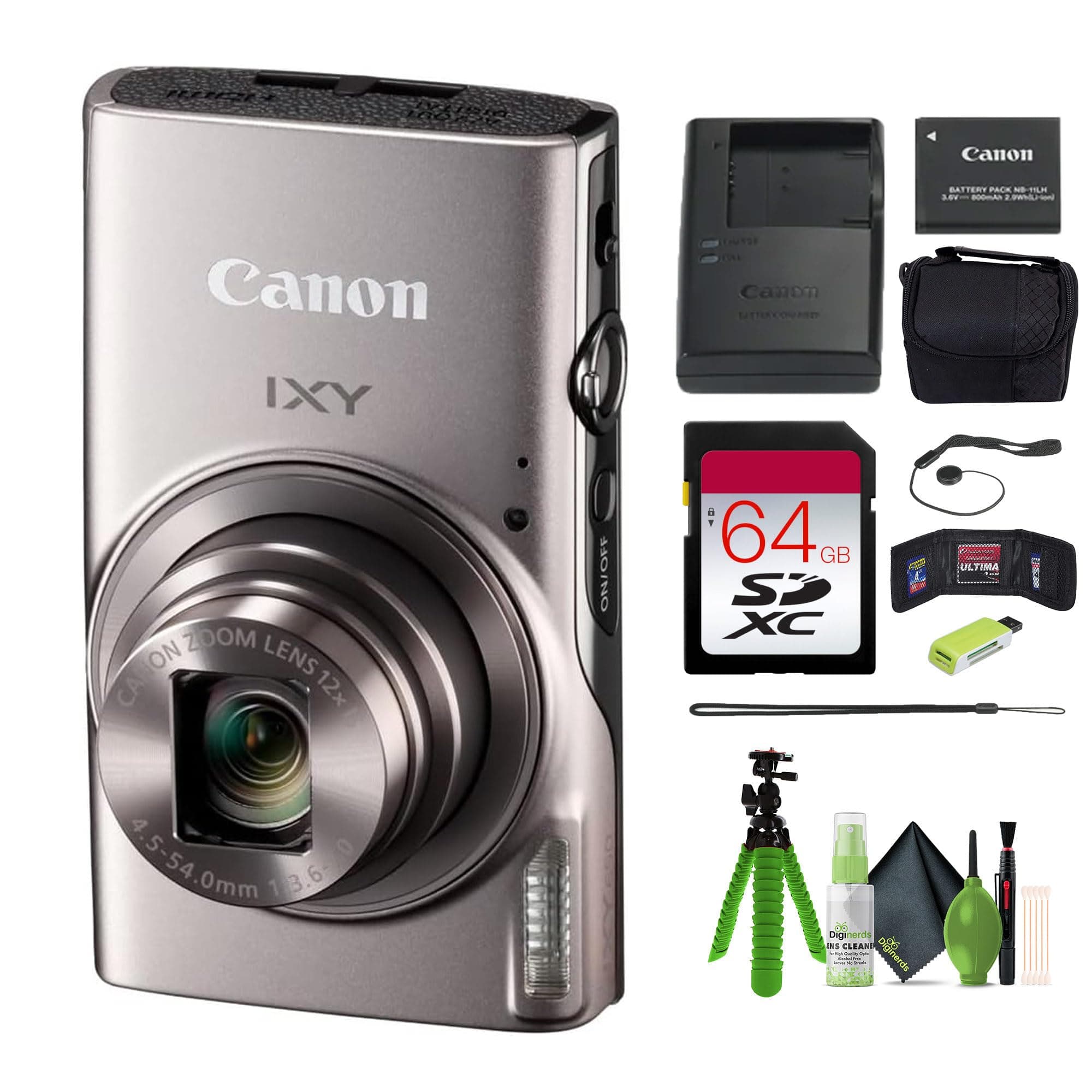 - Canon PowerShot IXY 650 (ELPH 360) HS Compact Digital Camera 12x Optical Zoom IXY650 (Silver) Bundle + 64GB Memory Card + Camara Bag + Card Reader + Vlogging Tripod + Cleaning Kit and More
