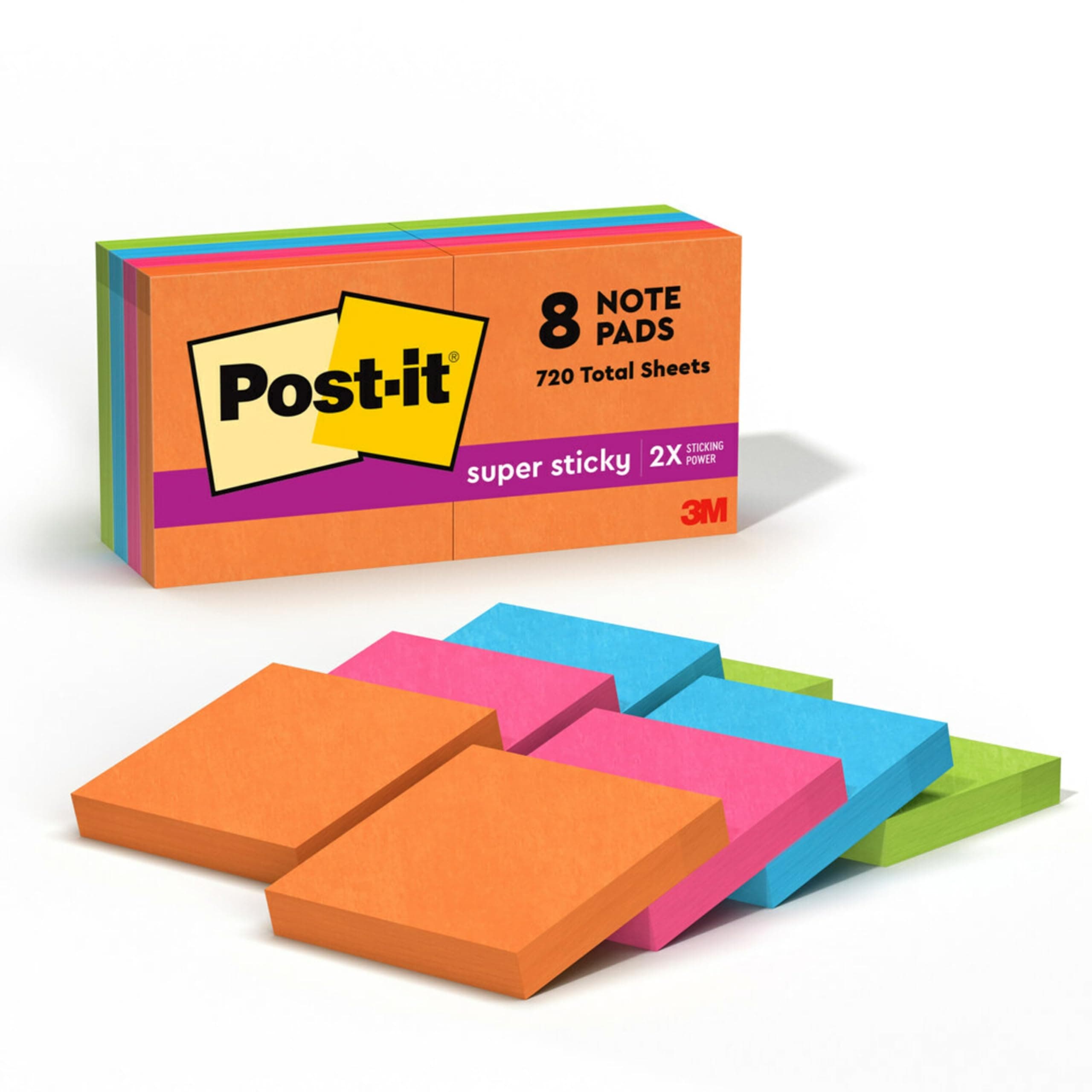 Post-it Super Sticky Notes, 8 Sticky Note Pads, 1.875 x 1.875 in., School Supplies, Office Products, Sticky Notes for Vertical Surfaces, Monitors, Walls and Windows, Energy Boost Collection