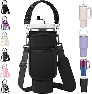 Water Bottle Carrier Bag with Paracord Handle for Stanley 40/30 oz Tumbler Neoprene Insulated Mug Sleeve Pouch with 2 Pockets & Adjustable Strap & Straw Cover for Stanley Cup Accessories
