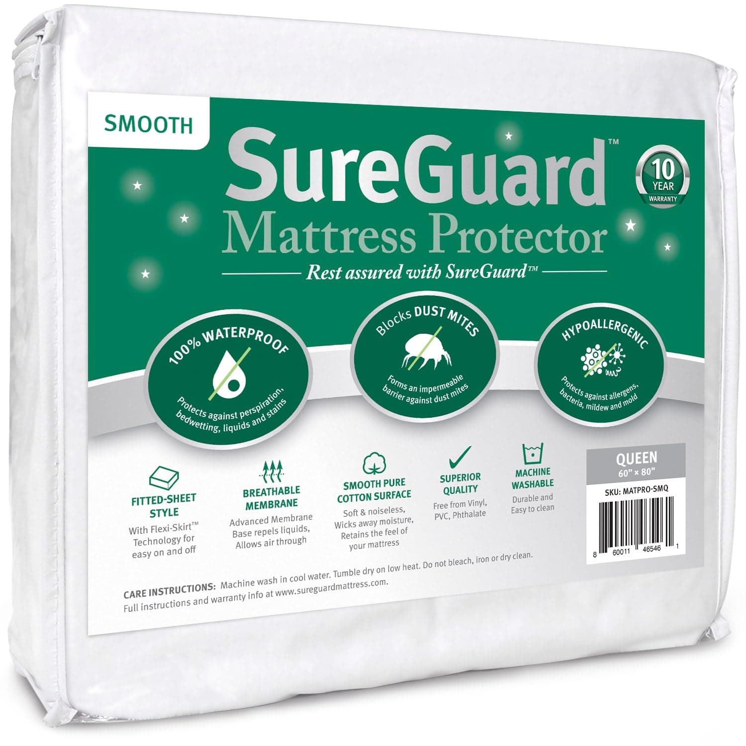 SureGuard Queen Size Mattress Protector - 100% Waterproof, Hypoallergenic - Premium Fitted Cotton Cover - Smooth