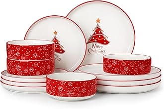 MALACASA 12-Piece Christmas Tree Dinner Set for 4, Ceramic Plates and Bowls Set, Holiday Dinnerware Sets with Dinner Plates/Dessert Plates/Cereal Bowls, Festive Designs for Table Decor