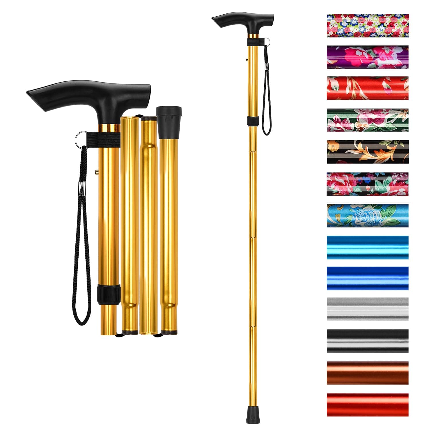 supregear Folding Cane, 5-Level Adjustable Height Walking Stick Lightweight Collapsible Portable Travel Cane with Wrist Strap and T Handle for Elderly Disabled Men Women