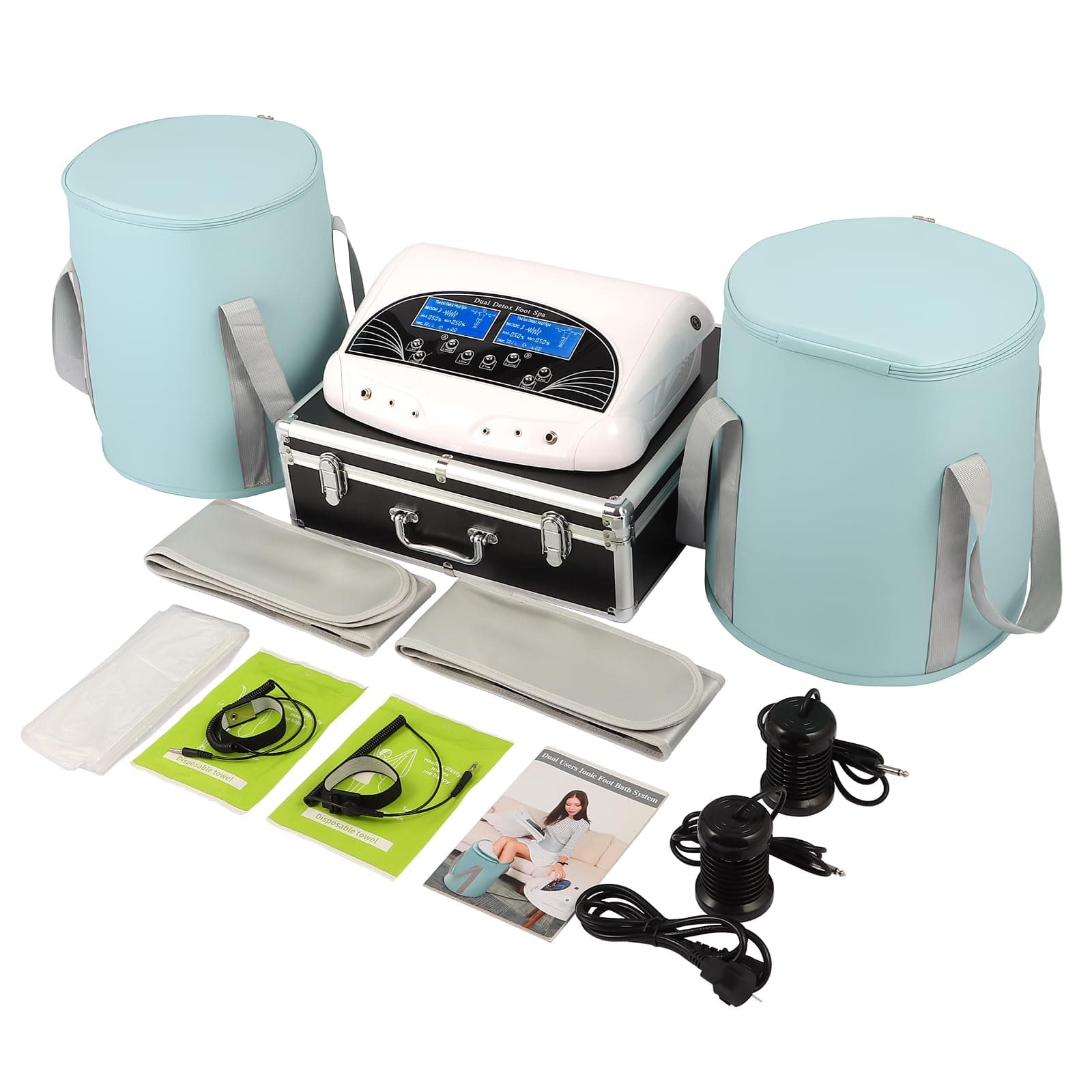 Dual Ionic Foot Bath Detox Machine, Digital LCD Display Detoxification Negative Hydrogen System with Black Aluminum Box,Two Foot Soaking Bath Bucket， Birthday Gift