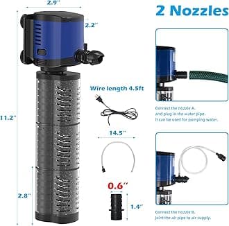 TARARIUM Aquarium Filter Powerful 260GPH for 35-75 Gallon Fish Tank Small Pond Fountain, Wave-Maker Submersible Water Pump Turtle Tank Filter for Saltwater & Freshwater System