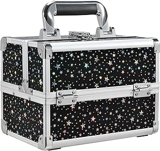 Makeup Train Case Portable Cosmetic Box 2 Trays with Mirror Lockable for Makeup Nail Tech and Beauticians Traveling Makeup Storage Organizer - Black Star