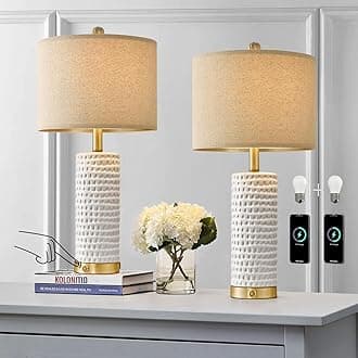 PORTRES 24" Farmhouse 3-Way Dimmable Touch Ceramic Table Lamp Set of 2 for Bedroom White Bedside Lamps with USB A+C Charging Ports for Living Room Nightstand Lamp End Table Lamps