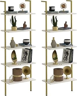 aboxoo Ladder Shelf 2PCS White Marble Bookshelf 5-Tier Wall-Mounted Wood Rack Open Industrial Modern Plant Flower Stand Utility Organizer Bookcase Metal Frame Furniture Office Kitchen Bedroom