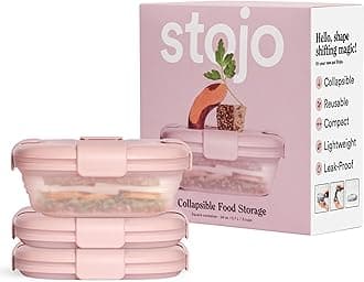 STOJO Collapsible Sandwich Box – 24oz, Reusable Food Storage Container, Silicone Bowl for Hot/Cold Food – Meal Prep, Lunch, Camping, Hiking – Dishwasher Safe (Set of 3, Translucent Carnation)