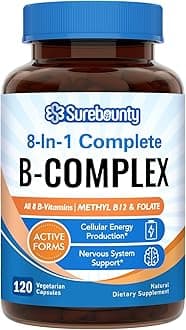 8-in-1 Vitamin B Complex Capsules for Women & Men, Super B Complex Vitamins, B12, B1, B2, B3, B5, B6, B9, Biotin, Folate, Methylated Forms, Energy, Nerve, Blood Support, 120 Caps