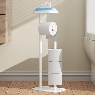 Toilet Paper Holder Free Standing – Rustproof Metal Toilet Paper Stand for 4 Rolls with Anti-Slip Base and Shelf for Phone & Small Items, Bathroom Organizers and Storage, Medium, White