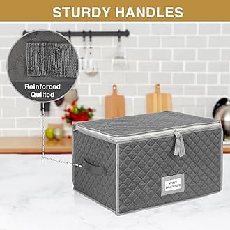 Stemware Storage Case - Quilted Fabric Container in Gray Measuring 16" x 13" x 10"H - Inside compartment is 4" x 4" - Perfect Storage Case for White and Red Wine Beer Mugs