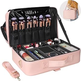 Large Makeup Bag, Relavel Makeup Organizer Case Travel, Professional Cosmetics Artist Portable Bag, 3 Layers Makeup Train Case with Elastic Makeup Brush Slots Shoulder Strap Adjustable Dividers(Pink)