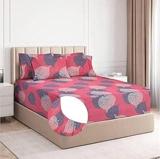 BSB HOME Premium Cotton Elastic Fitted Bedsheets with 2 King Size Pillow Covers | Double Bed with All Around Elastic 180 TC Supersoft | Size - 72 King Sizex78+10 inches | Pink & Green