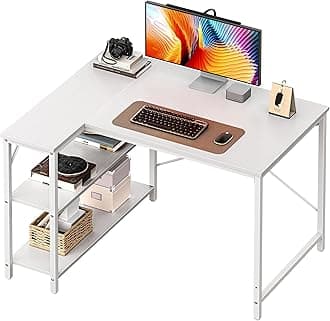 Huuger L Shaped Desk, 39 Inches Computer Desk with Reversible Storage Shelves, for Gaming Corner Home Office Writing Study, Metal Frame, White