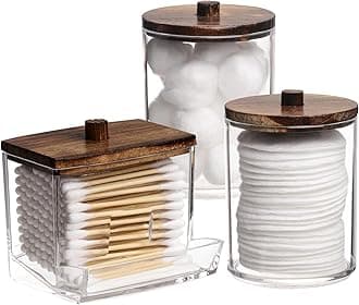 Tbestmax Qtips Holder Bathroom Container, 10 OZ Cotton Ball/Swabs Dispenser, Apothecary Jar Organizer for Storage Brown Wood Lids