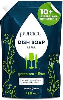 Natural Dish Soap Refill - Skin-Softening Plant-Based Liquid Dishwashing Detergent Soap, Clean-Rinsing Water-Sheeting Formula (Green Tea & Lime, 48 fl oz)