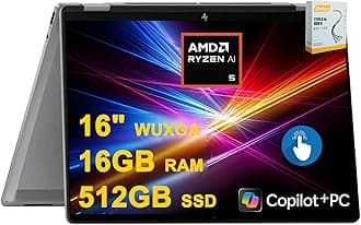OmniBook X Flip AI PC 2-in-1 Laptop | 16" WUXGA Touch (400nits) | AMD 6-core Ryzen AI 5 340 (Up to 50 Tops) | 16GB DDR5 512GB SSD | Backlit 5MP IR Privacy Camera Win11Pro w/DLCA Accessory