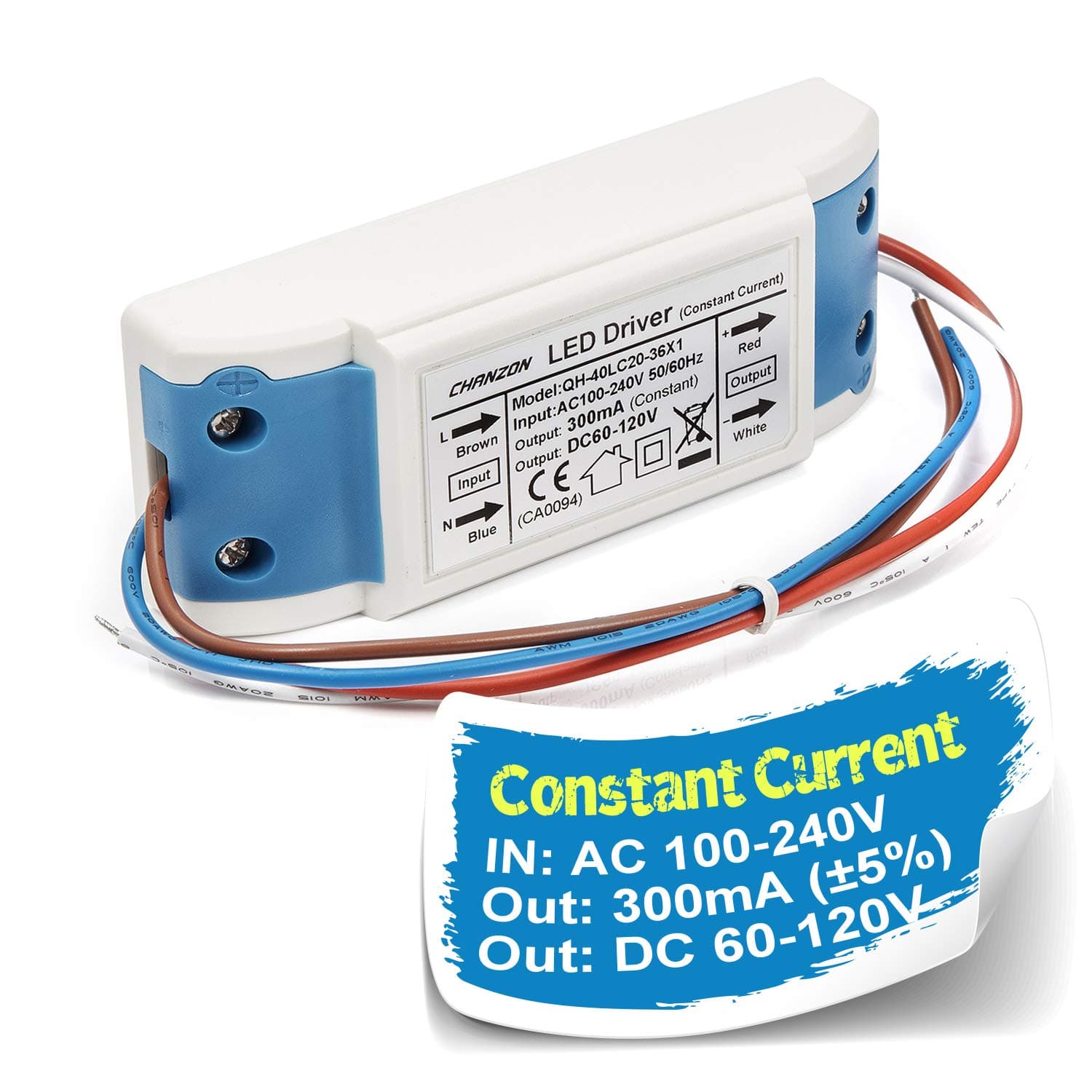 Chanzon LED Driver 300mA (Constant Current Output) 60V-120V (Input 100-240V AC-DC) (20-36) x1W 20W 24W 30W 36W Power Supply 300 mA Lighting Transformer Drivers for High Power COB Chips (Plastic Case)