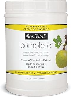 Bon Vital Complete Massage Creme, 1/2-Gallon, Unscented Non-Greasy Cream with Marula, Olive & Jojoba Oils, Hypoallergenic Moisturizer for Professional & Home Use, Premium Dual-Purpose, Massage Therapy