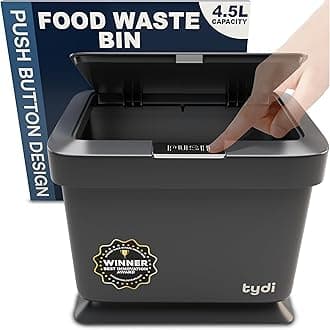 Tydi 4.5L Food Waste Bin - Kitchen Caddy - Food Waste Caddy - Kitchen Food Waste Compost Bin with Press Button and Anti-Slip Base - Food Bin - Dark Grey