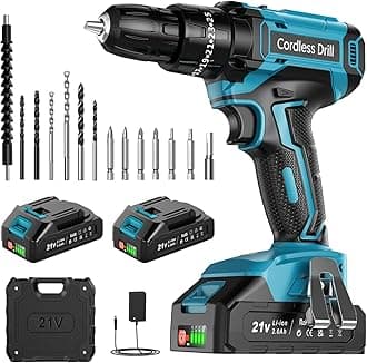 Cordless Drill Set 21V, Cordless Hammer Drill with 2 Batteries 2000mAh, 25+3 Torque, 42N.m Max ElectricDrill, 14 PCS DrillBits, 2 Speed, LED Light for Home and Garden DIY Project