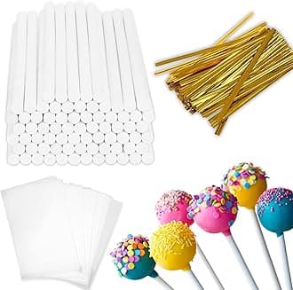 900-PCS Cake Pop Sticks and Wrappers Kit, Including 300pcs 6-inch Paper Lollipop Sticks, 300pcs Parcel Bags, 300pcs Gold Twist Ties for Lollipop, Hard Candy, Chocolate, Marshmallows, and Fruit Skewers