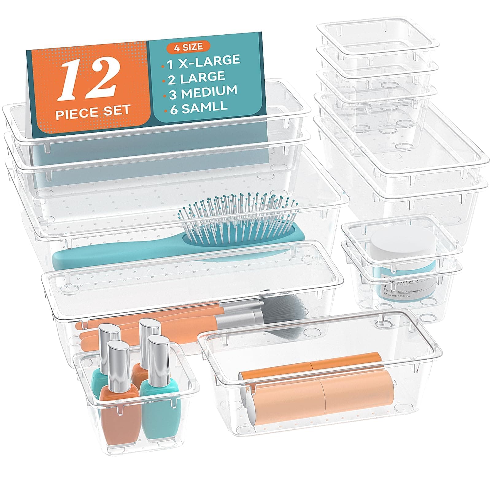 ElegantArray 12 PCS Drawer Organizer Set, 4 Sizes Tool Storage Trays, Clear Plastic Makeup Vanity Organizer and Storage Bins for Makeup, Stationeries, Multiple Gadgets for Bathroom, Office, Bedroom
