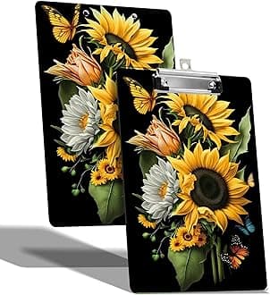 A4 Size Clipboard with Hanging Hook and Low Profile Clip, Plastic Nurse Clipboard Writing Drawing Board with Double-Sided Print for Office School Use, Sunflower Btterfly