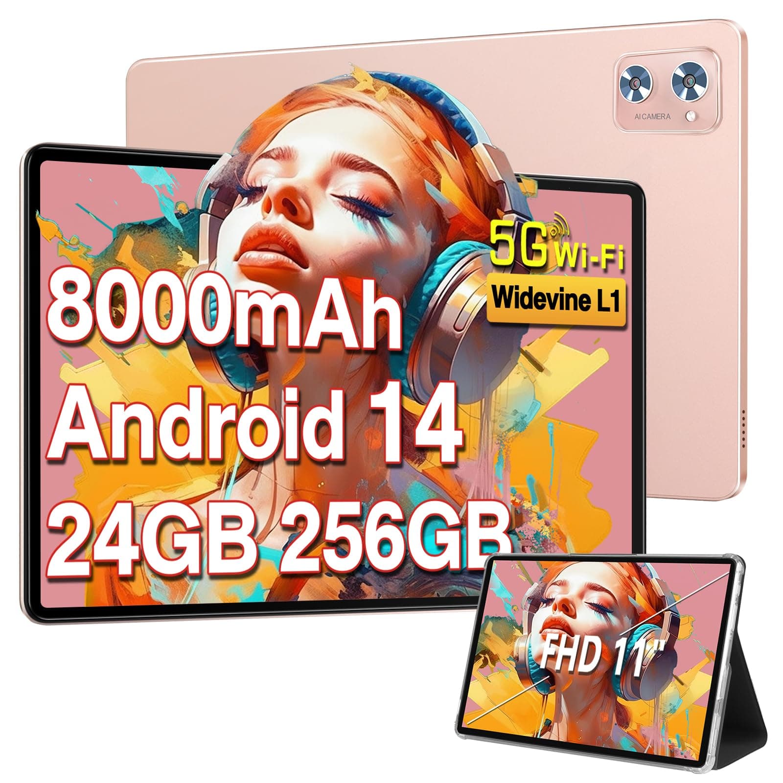 - Tablet 11 inch Android 14 Tablets, 24GB RAM 256GB ROM 2TB Expand, Octa-core 8000mAh Battery Tablet PC with 13MP Camera, IPS HD Touchscreen, 5G WiFi, Widevine L1, Bluetooth 5.0, GPS - Rose Gold/pink