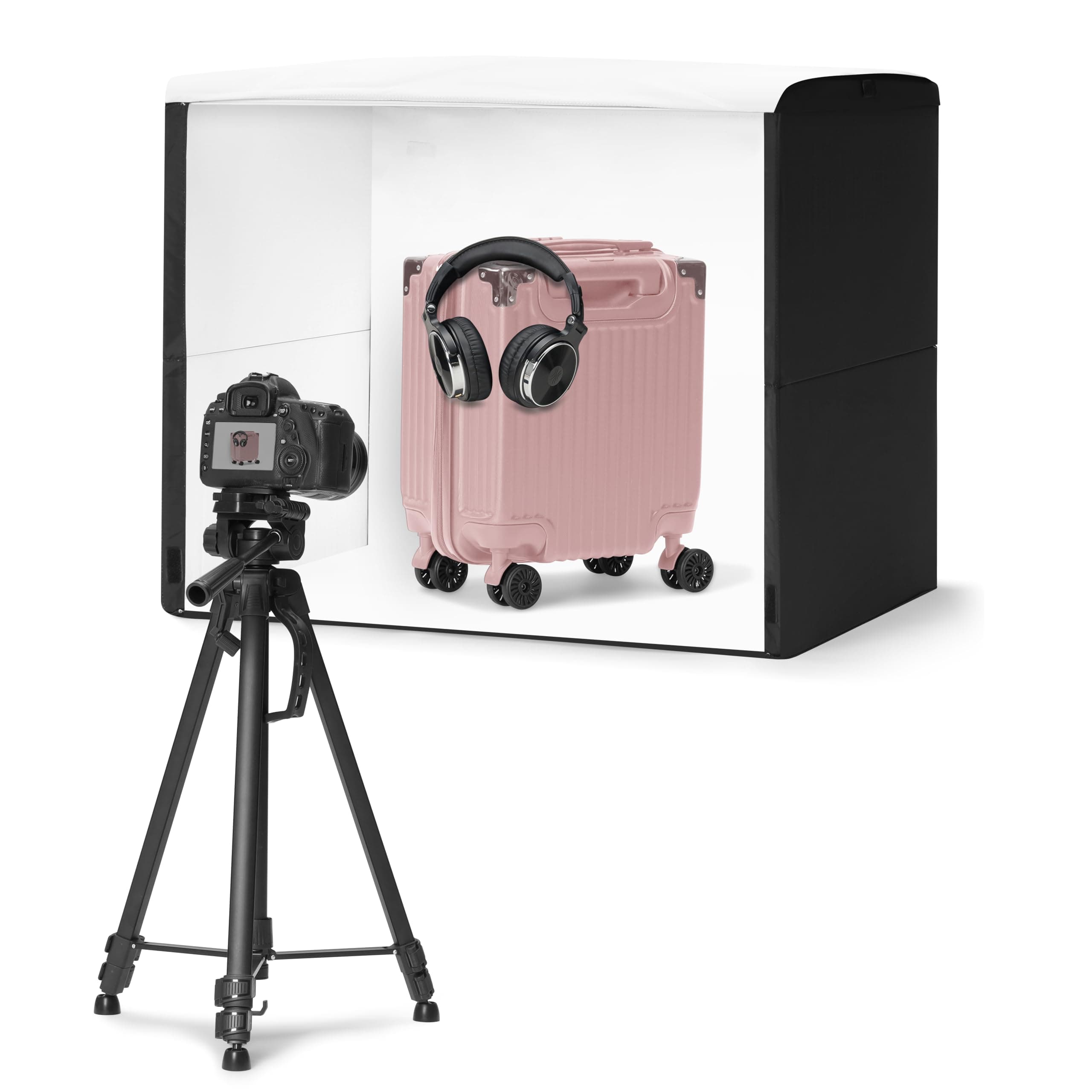 Amazon Basics Portable Foldable Photo Studio Box with LED Lights for Product Photography, 25 x 30 x 25 Inches, White Backdrop, Black