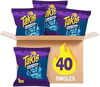 Takis Blue Heat 40 pc / 1 oz Multipack - Intense Hot Chili Pepper Flavored Extreme Spicy Rolled Tortilla Chips - Individual Bags, Perfect for Tailgates, Parties, Lunchboxes or Lunches