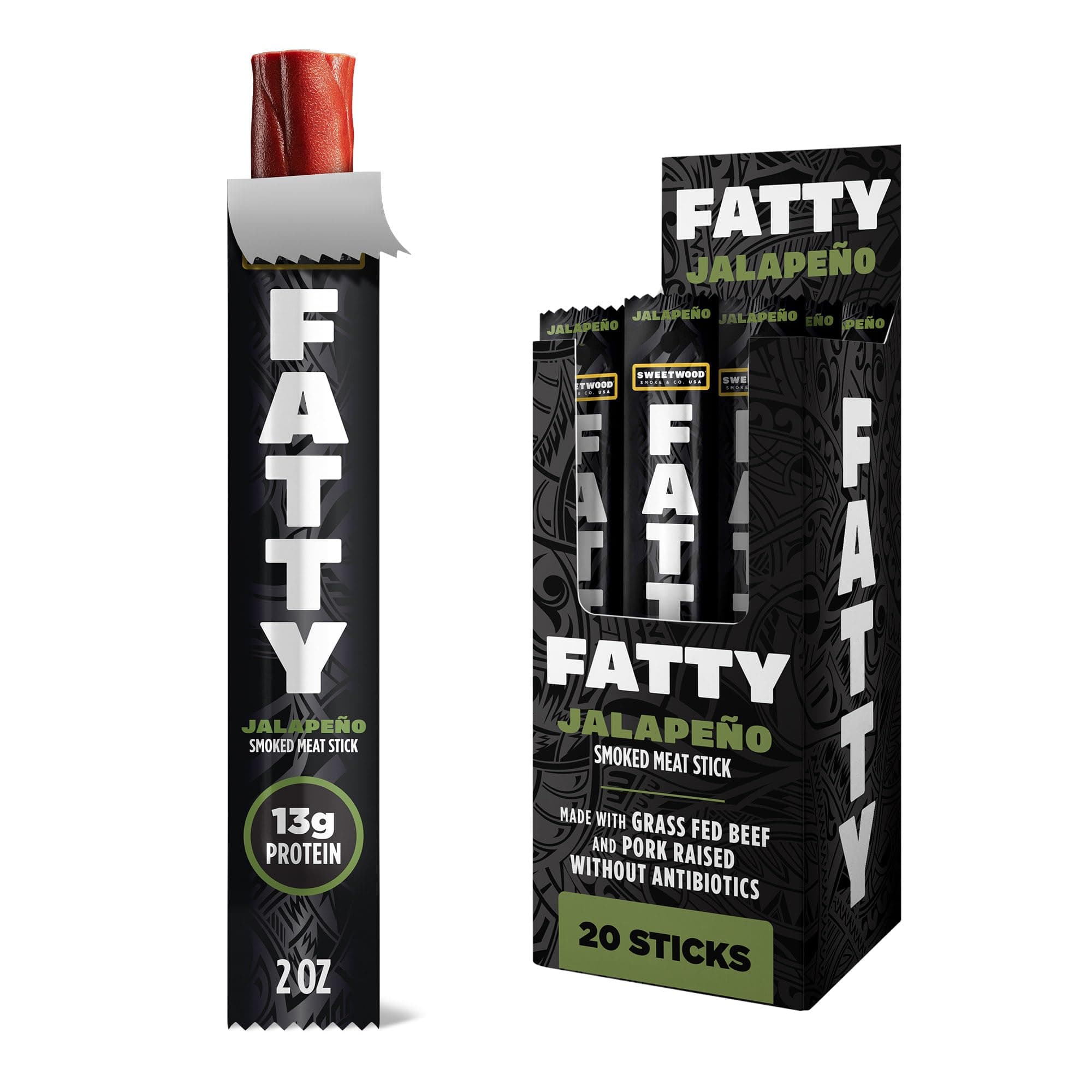 FATTY Meat Sticks, Made with Grass Fed Beef, Pork Raised Without Antibiotics, 13g Protein Per Serving, Jalapeno, Easter Basket Stuffer for Men, 2 oz. (Pack of 20)