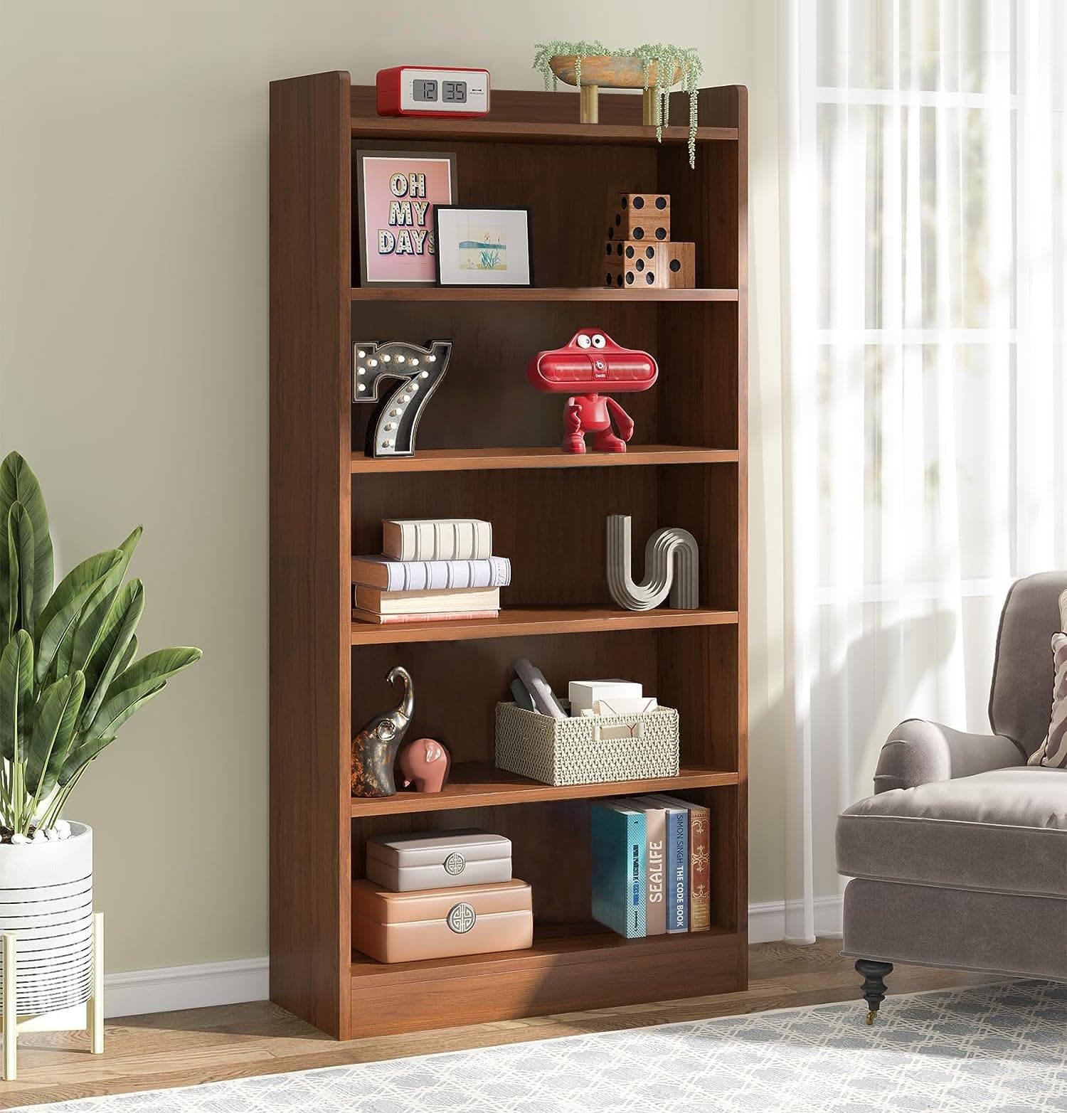 Lukzer Engineered Wood 6 Tier Bookcase Open Book Shelf Storage Cabinet (MR-007 / Brown Oak / 134 x 24 x 71cm) DIY(Do It Yourself)