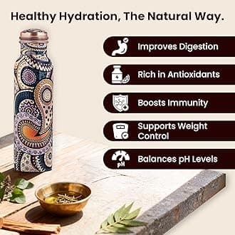 Craft Trade Pure Copper Printed Bottles Set of 2 with Lid and Carry Bag for Drinking Water BPA Free Leak Proof