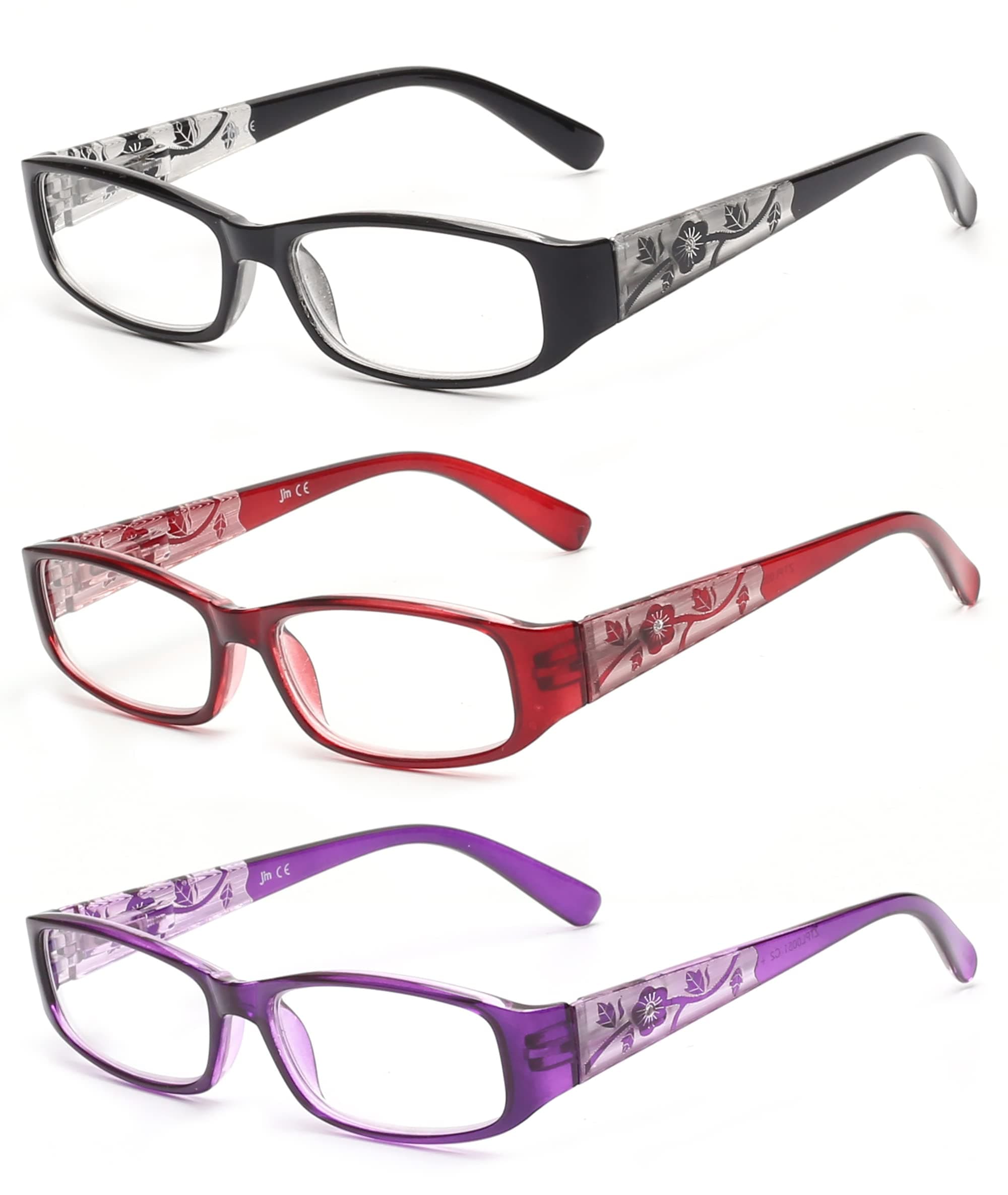 JM 3 Pack Ladies Reading Glasses Vintage Floral Print Rectangular Readers for Women