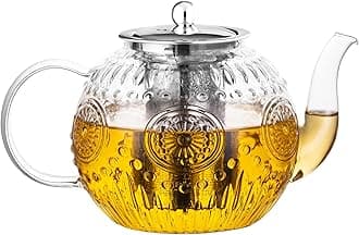 Amzcku 50OZ/1500ml Vintage Glass Teapot with Removable Infuser – Stovetop Safe, Borosilicate Glass Tea Kettle for Blooming & Loose Leaf Tea